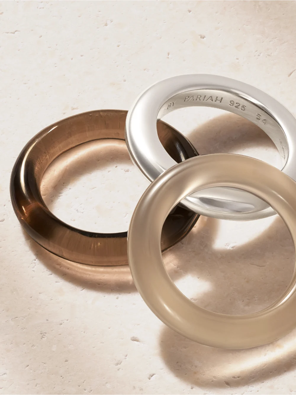 Close-up detail of the By Pariah Stone Trilogy Set of Three Recycled Sterling Silver, Quartz and Agate Rings