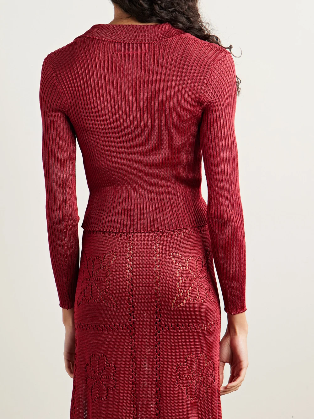 Back view of the Calle Del Mar Cropped Ribbed-knit Cardigan