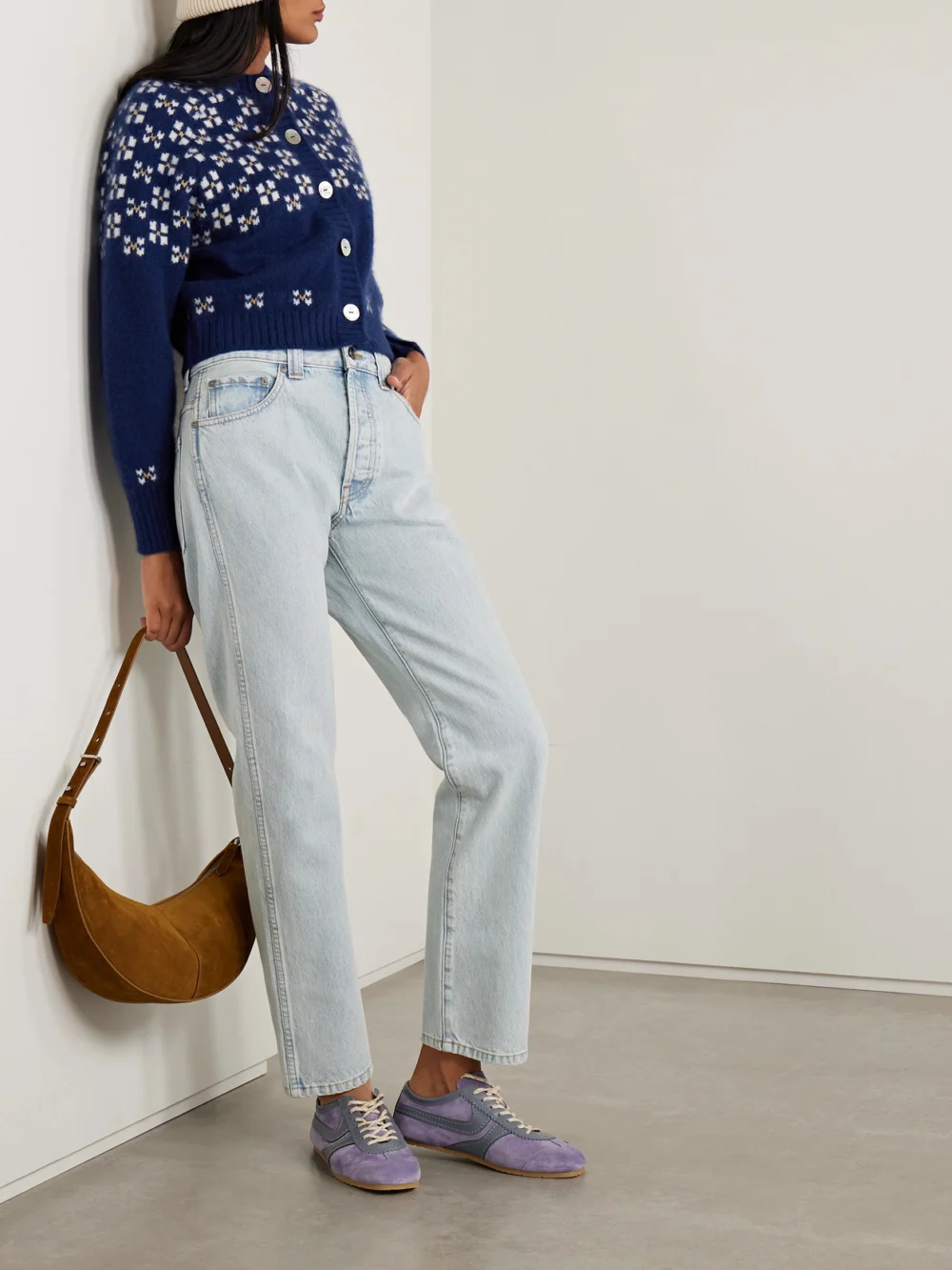 Calle Del Mar Fair Isle Cashmere Cardigan, worn by a model