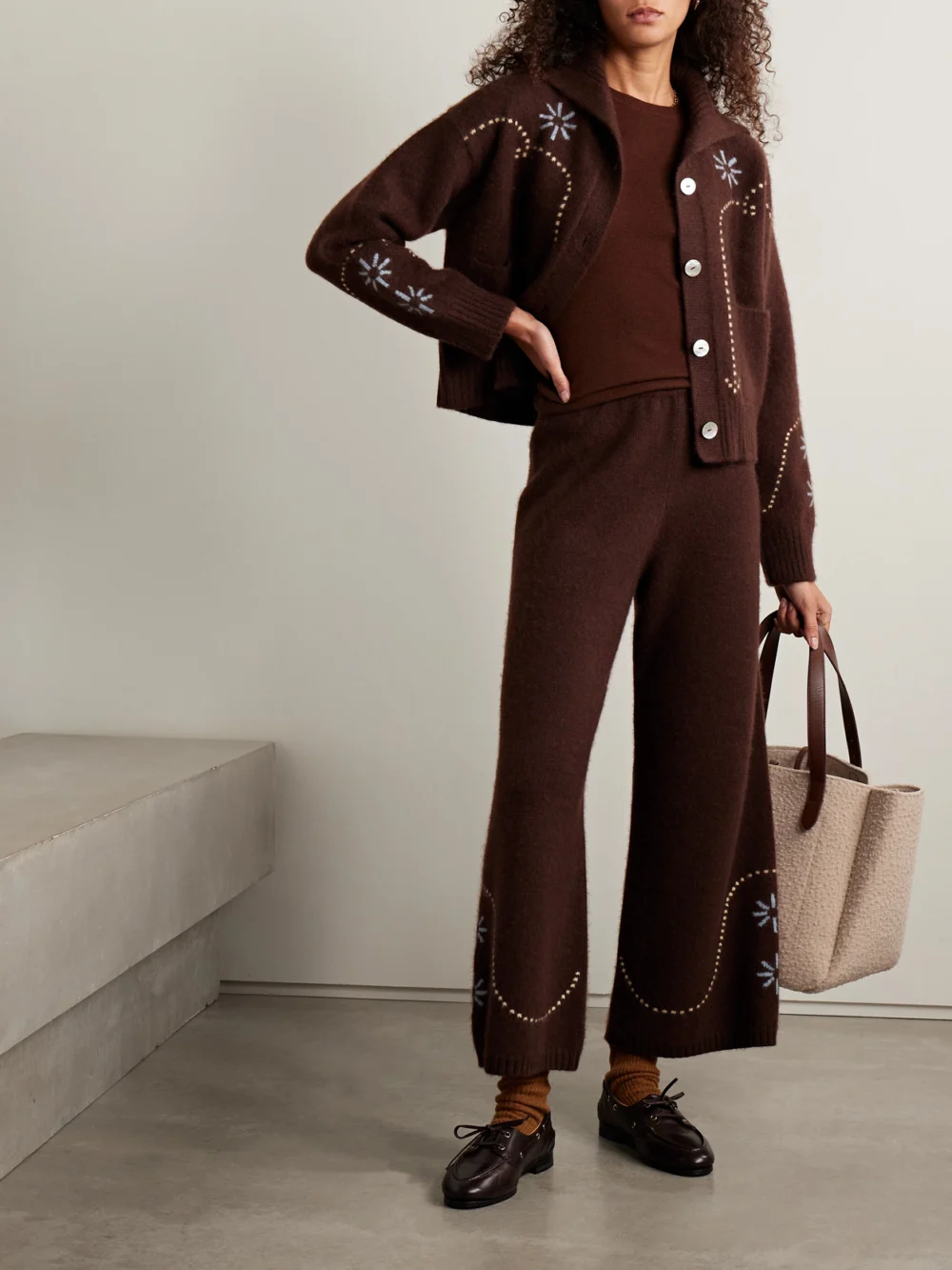 Calle Del Mar Intarsia-knit Cashmere Cardigan, worn by a model