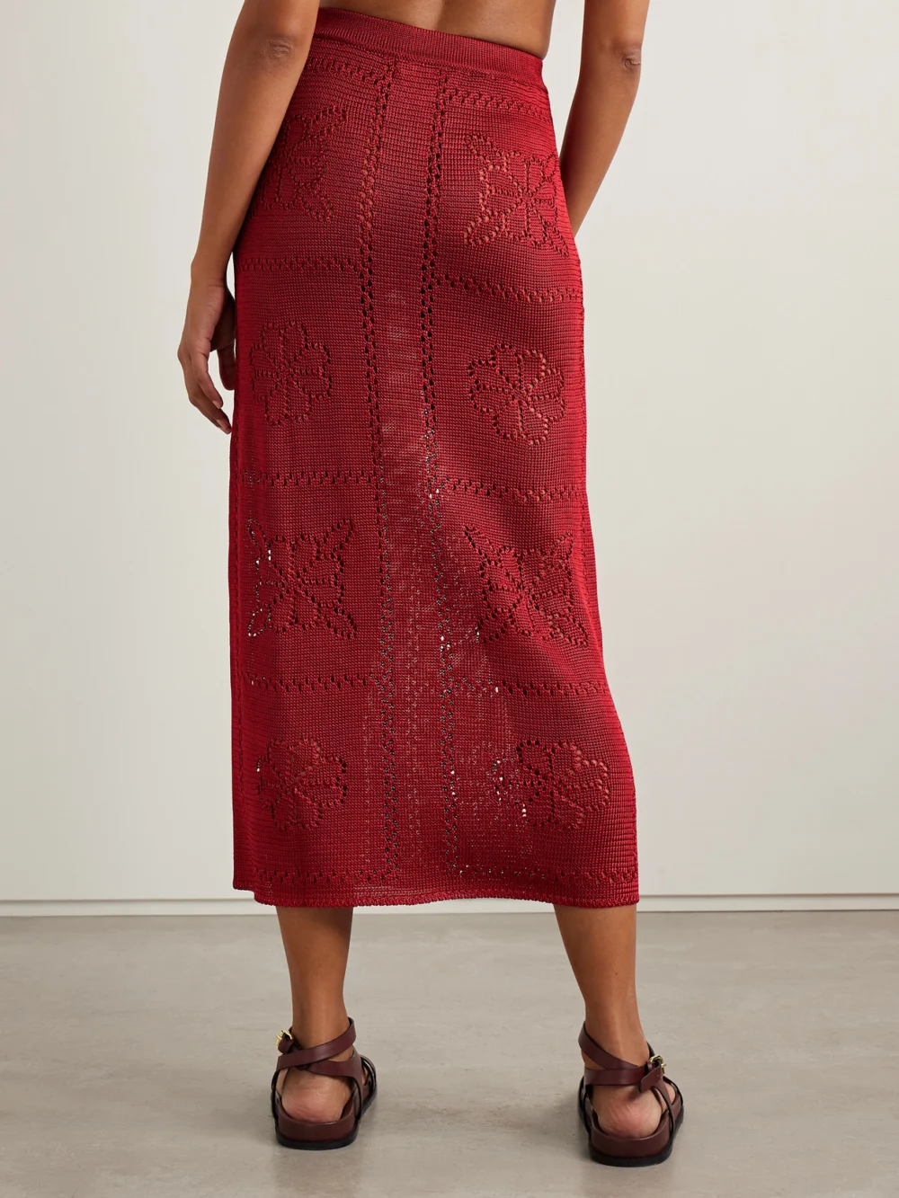 Back view of the Calle Del Mar Pointelle-knit Midi Skirt