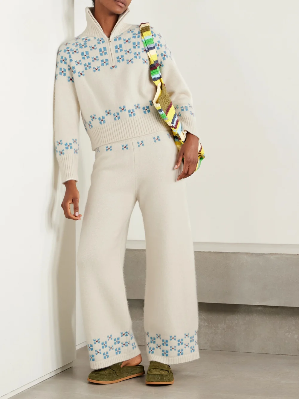 Calle Del Mar Winter Fair Isle Cashmere Wide-leg Pants, worn by a model