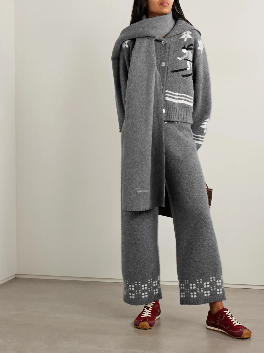 Calle Del Mar Winter Fair Isle Cashmere Wide-leg Pants, worn by a model