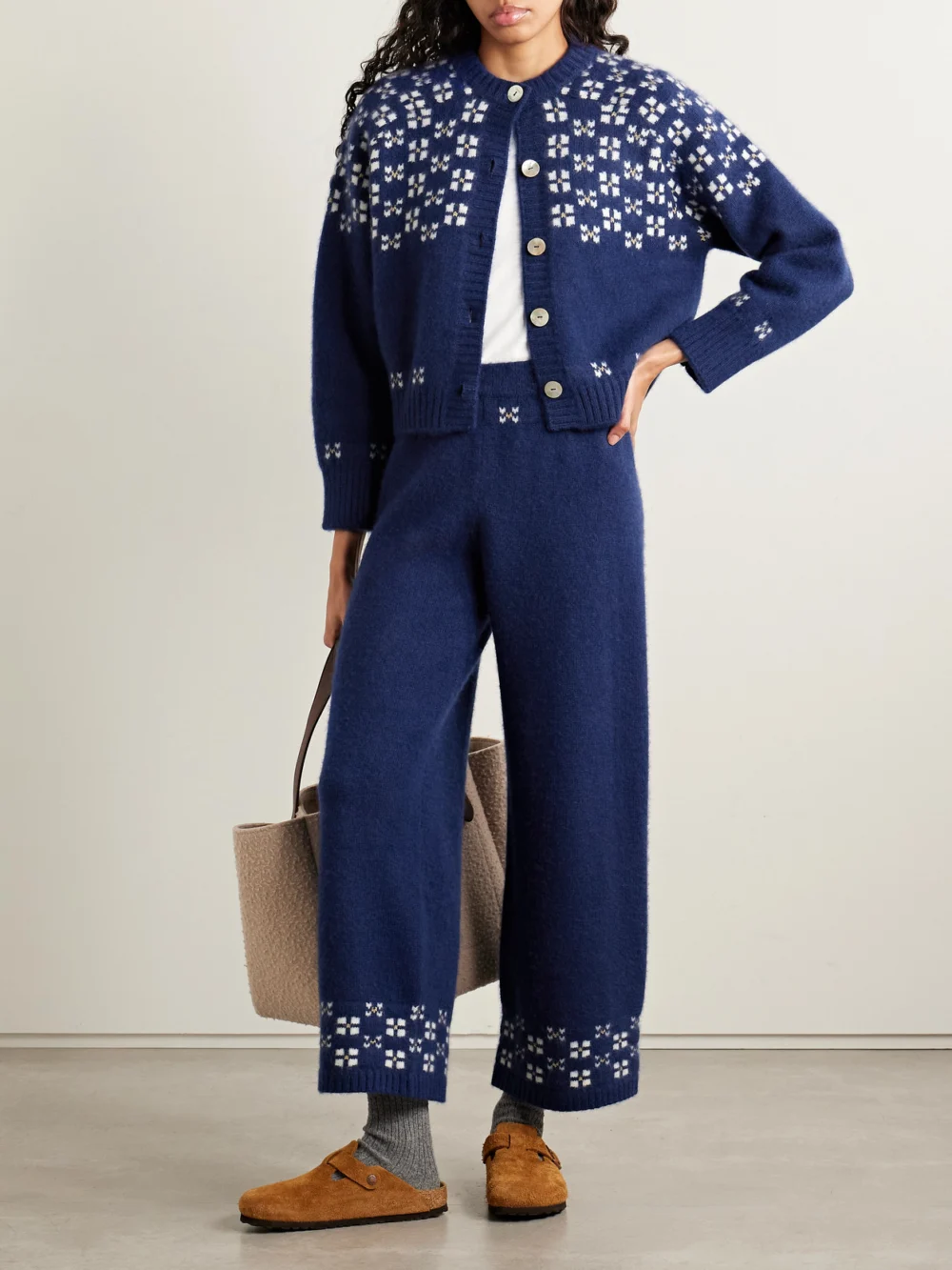 Calle Del Mar Winter Fair Isle Cashmere Wide-leg Pants, worn by a model