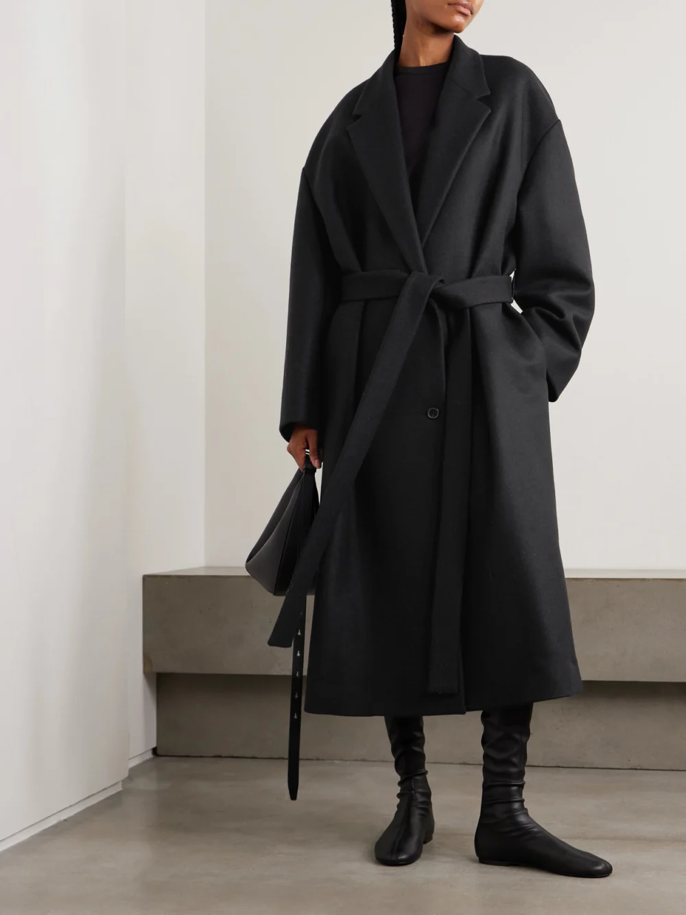 Calvin Klein Collection Beatrice Belted Wool and Cashmere-blend Coat, worn by a model