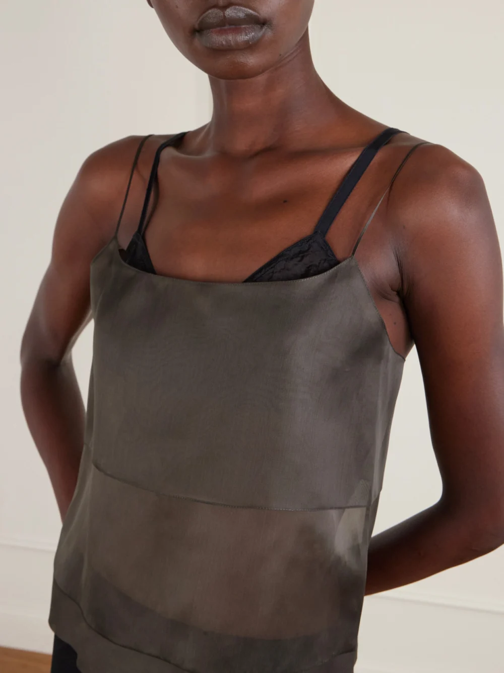 Close-up detail of the Calvin Klein Collection Carmen Layered Silk-organza Top