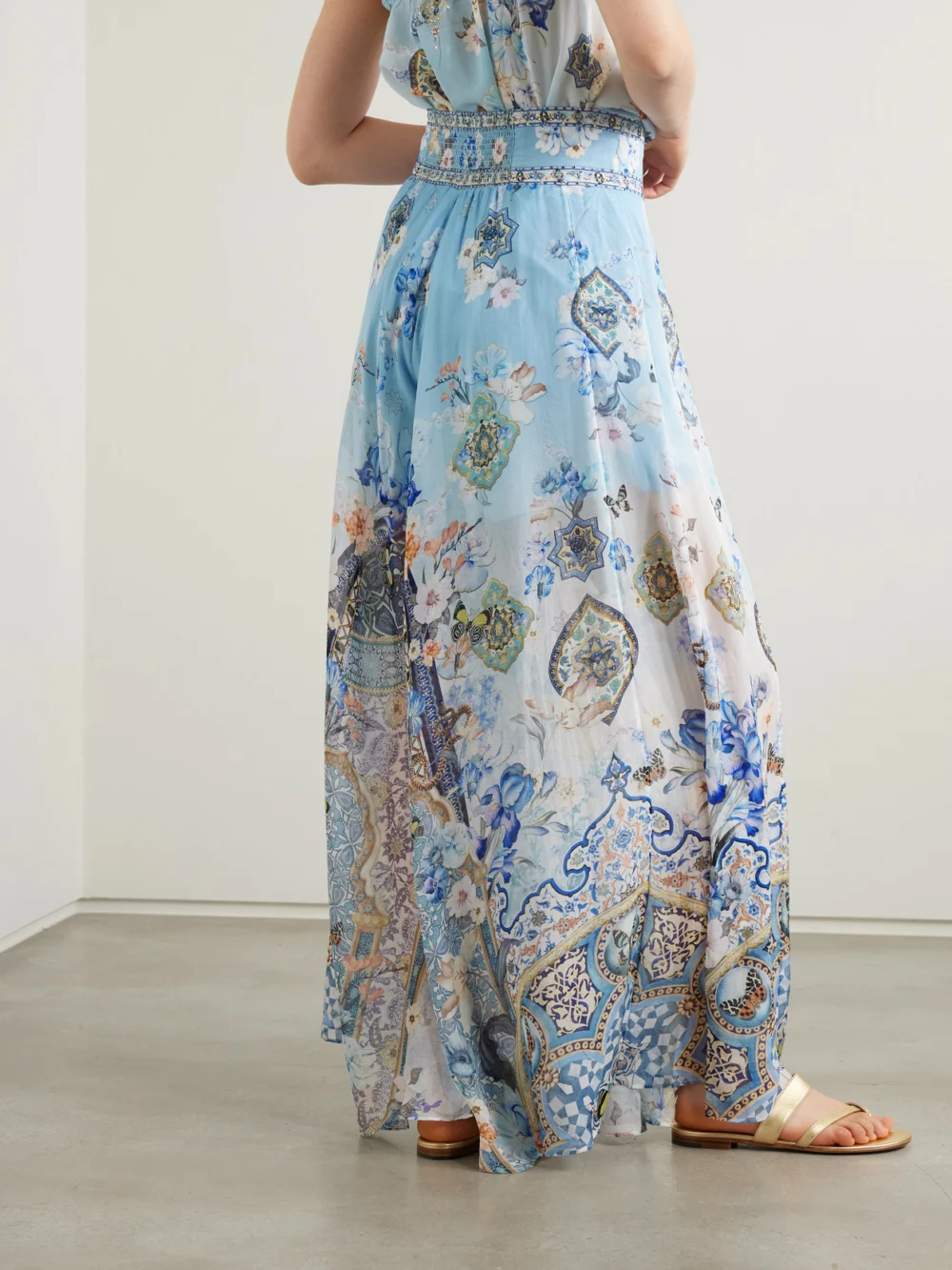 Back view of the Camilla Al Manial Palace Embellished Printed Silk-crepon Wide Leg Pants