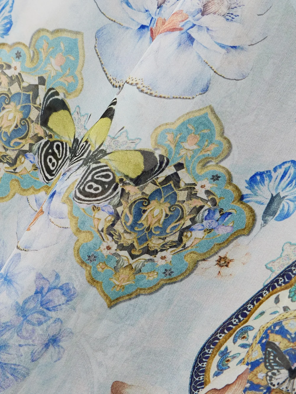 Close-up detail of the Camilla Al Manial Palace Embellished Printed Silk-crepon Wide Leg Pants
