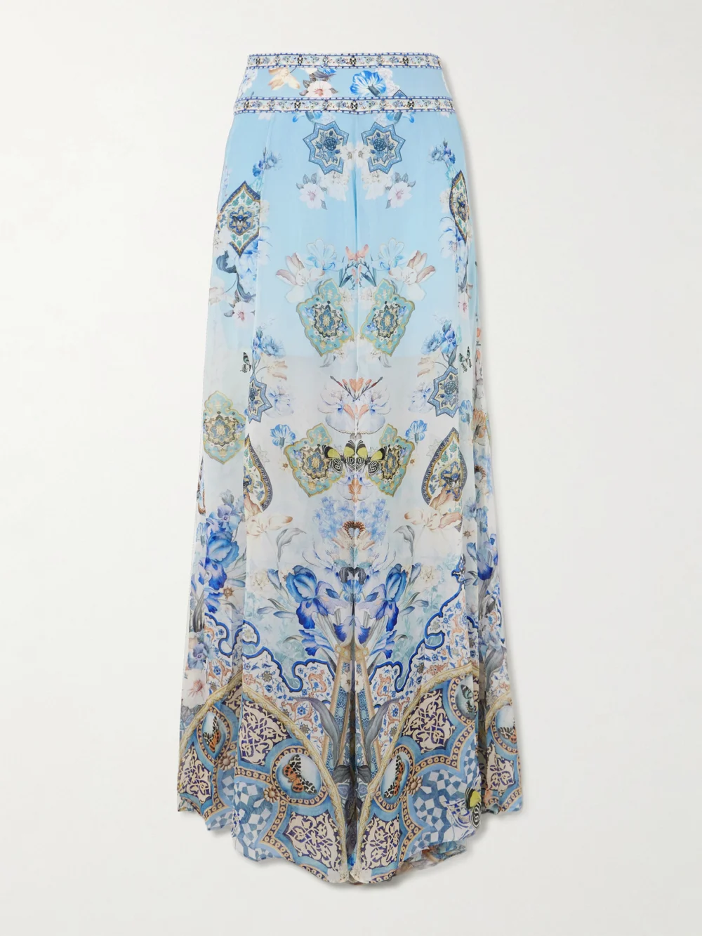 Camilla Al Manial Palace Embellished Printed Silk-crepon Wide Leg Pants in blue