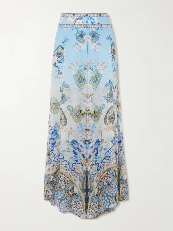 Camilla Al Manial Palace Embellished Printed Silk-crepon Wide Leg Pants