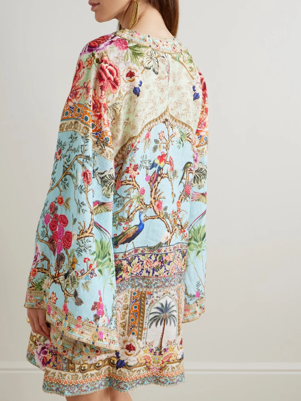 Back view of the Camilla Crystal-embellished Printed Linen Kaftan