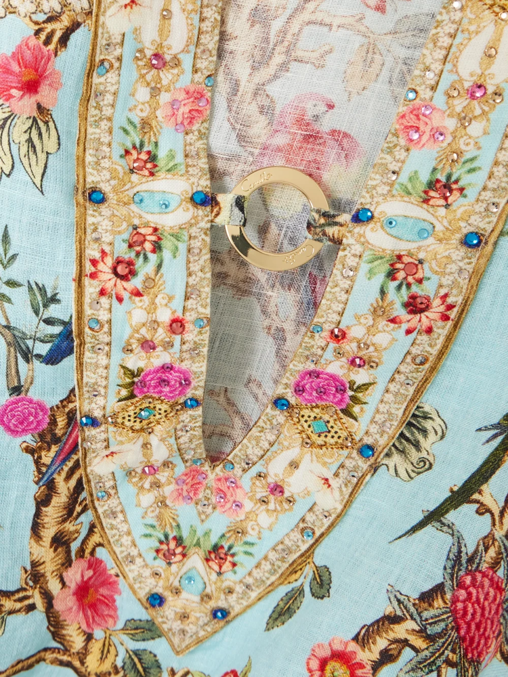 Close-up detail of the Camilla Crystal-embellished Printed Linen Kaftan