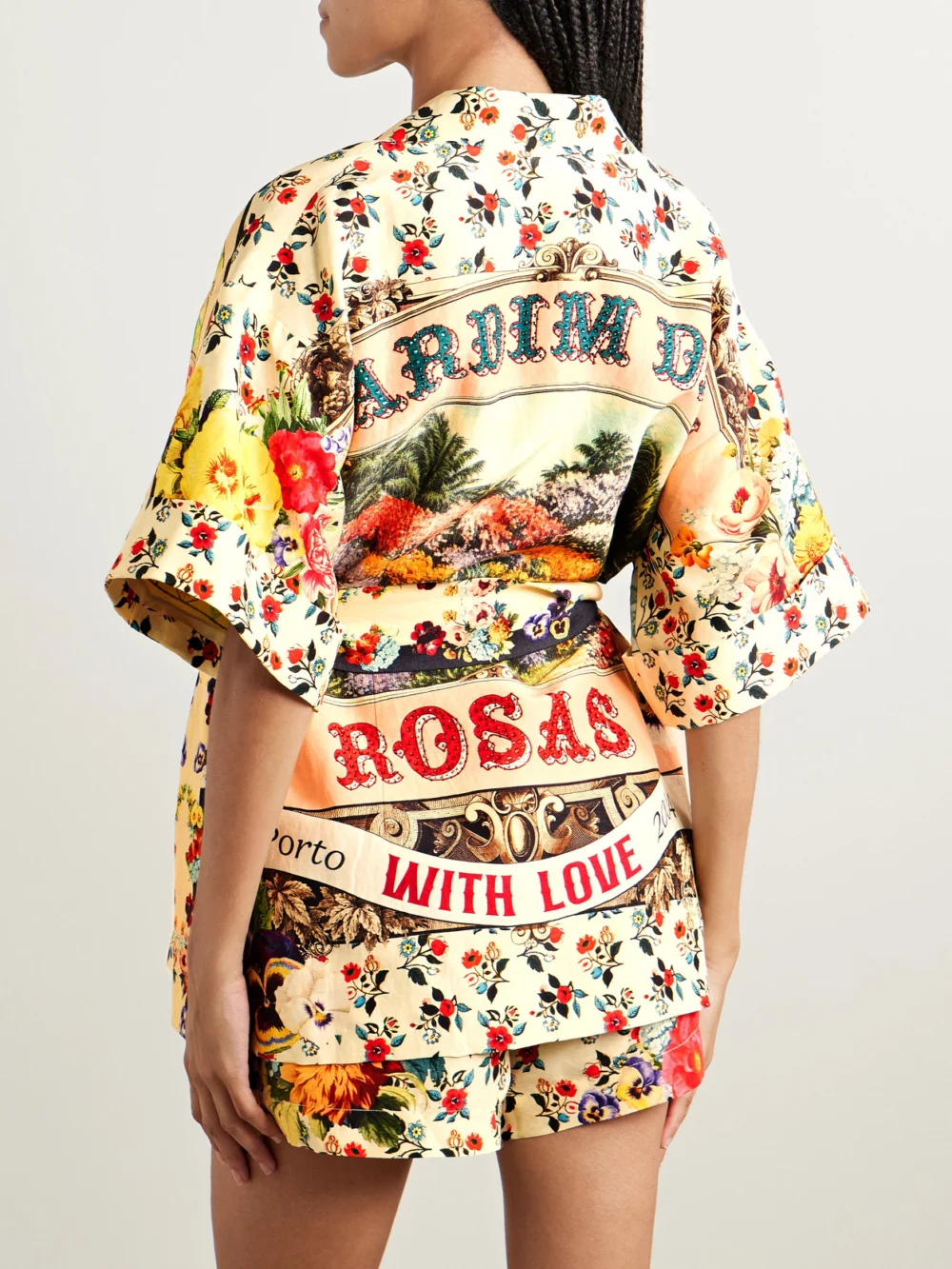 Back view of the Camilla Double-breasted Belted Printed Linen and Silk-blend Jacket