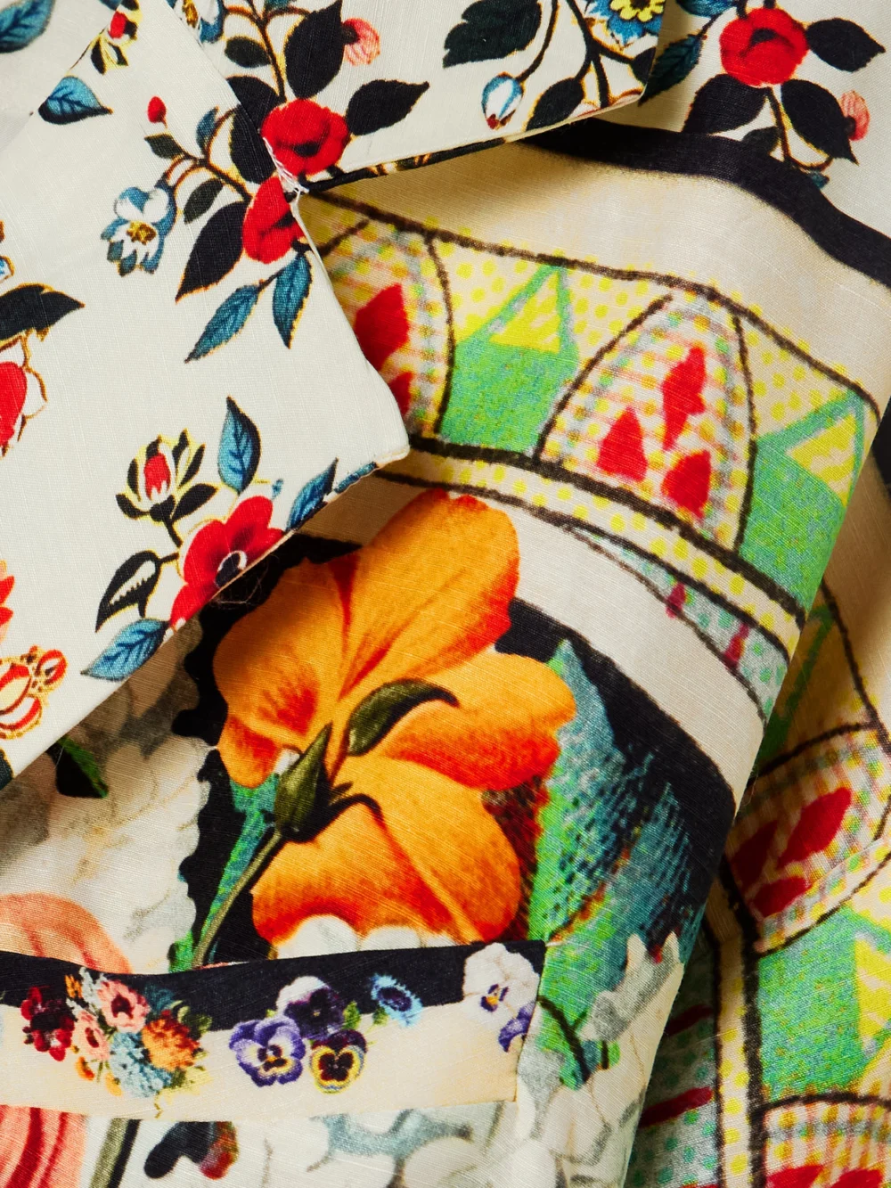 Close-up detail of the Camilla Double-breasted Belted Printed Linen and Silk-blend Jacket