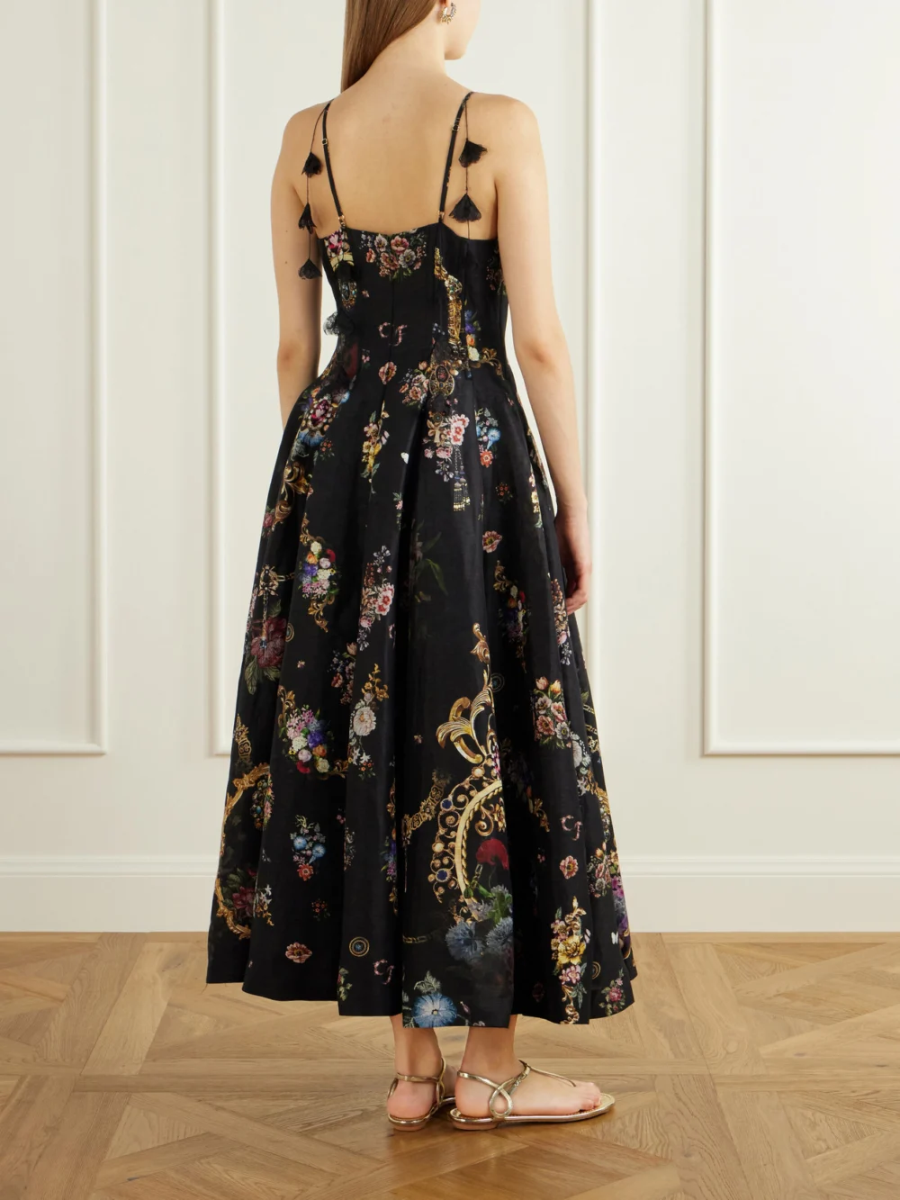 Back view of the Camilla Flamenco Folklore Floral-print Linen and Silk-blend Dupioni Midi Dress