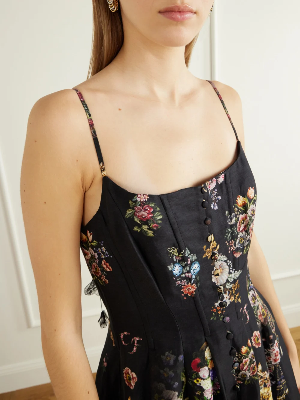 Close-up detail of the Camilla Flamenco Folklore Floral-print Linen and Silk-blend Dupioni Midi Dress