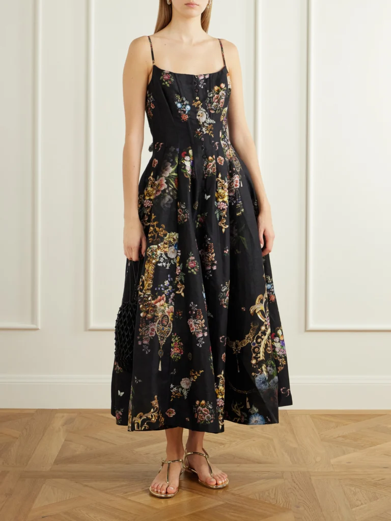 Camilla Flamenco Folklore Floral-print Linen and Silk-blend Dupioni Midi Dress