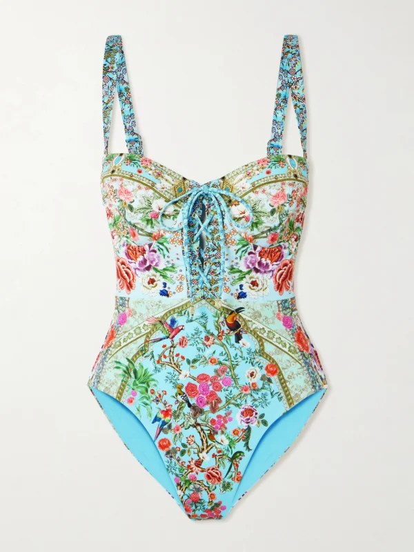 Camilla Lace-up Crystal-embellished Printed Recycled Swimsuit