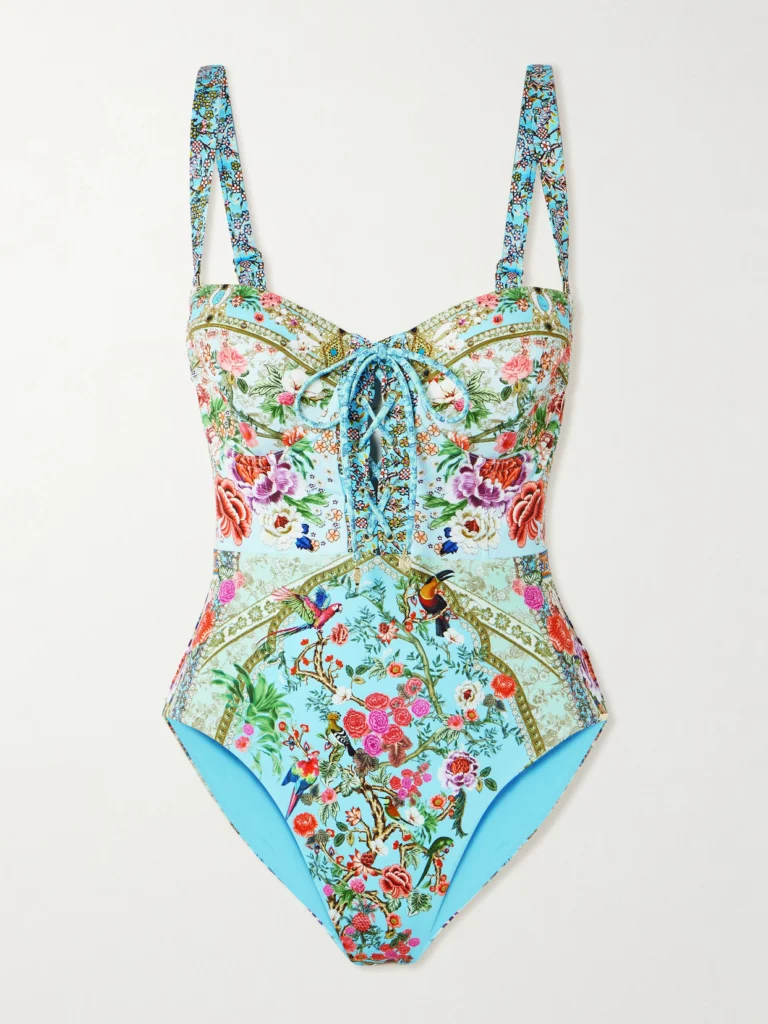 Camilla Lace-up Crystal-embellished Printed Recycled Swimsuit