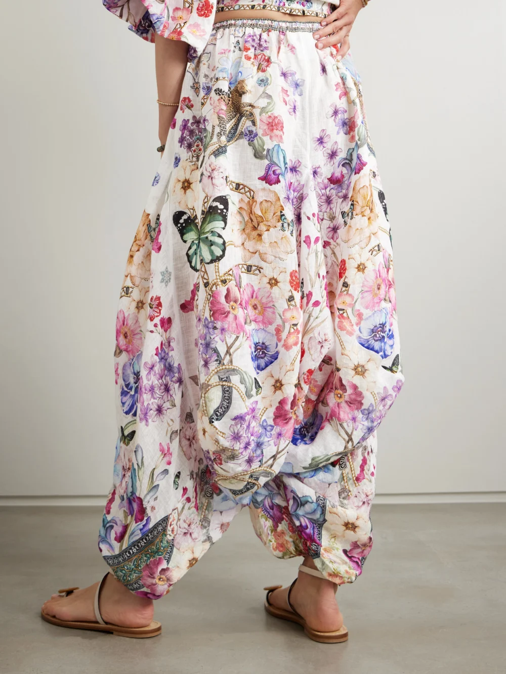 Back view of the Camilla Monserrate Magic Embellished Printed Linen Tapered Pants