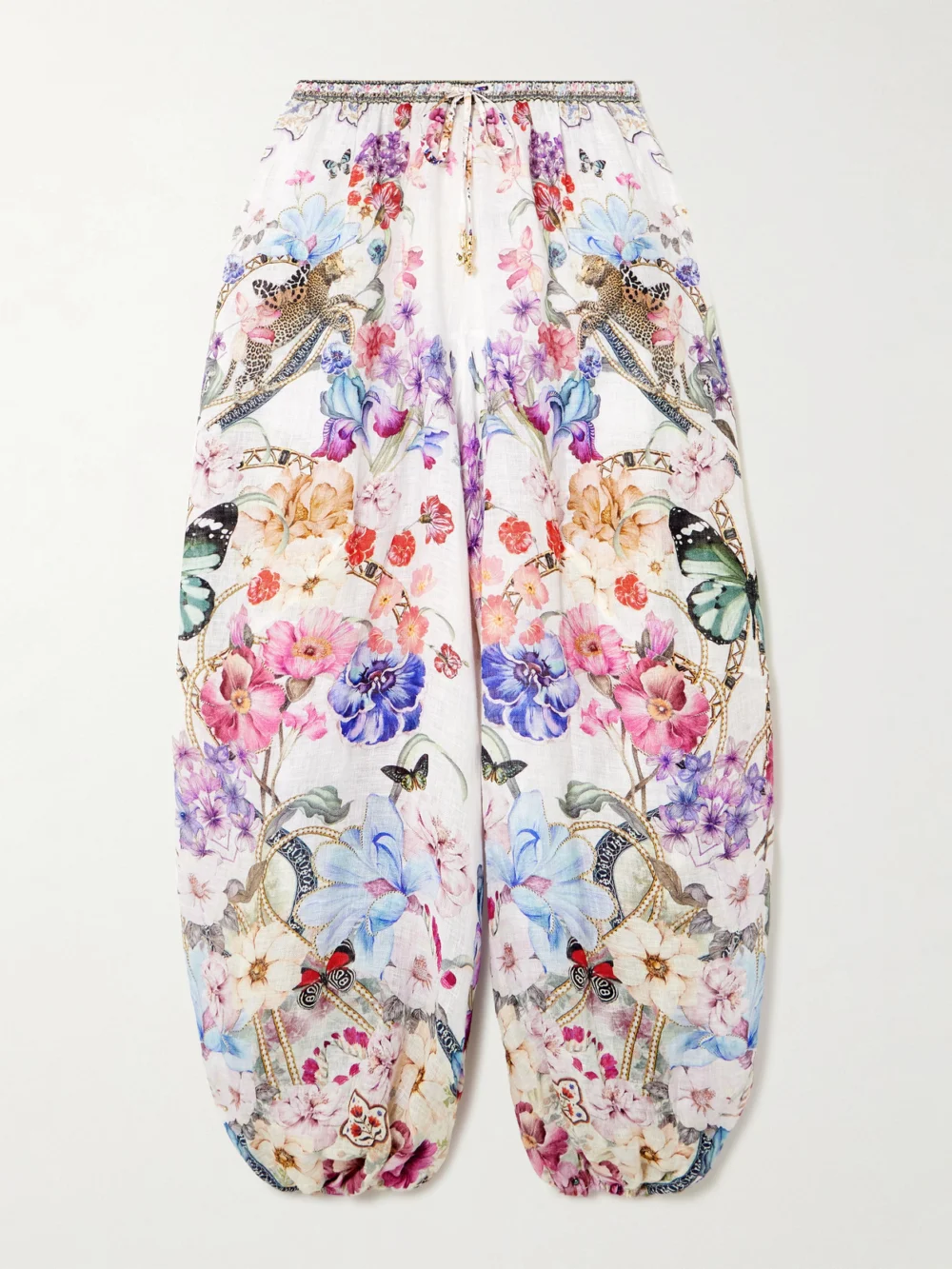 Camilla Monserrate Magic Embellished Printed Linen Tapered Pants in white