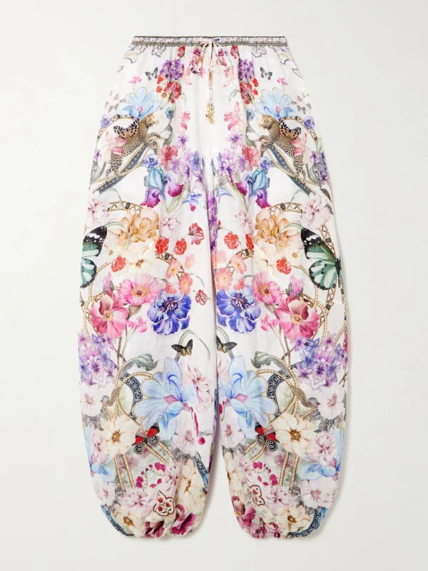 Camilla Monserrate Magic Embellished Printed Linen Tapered Pants