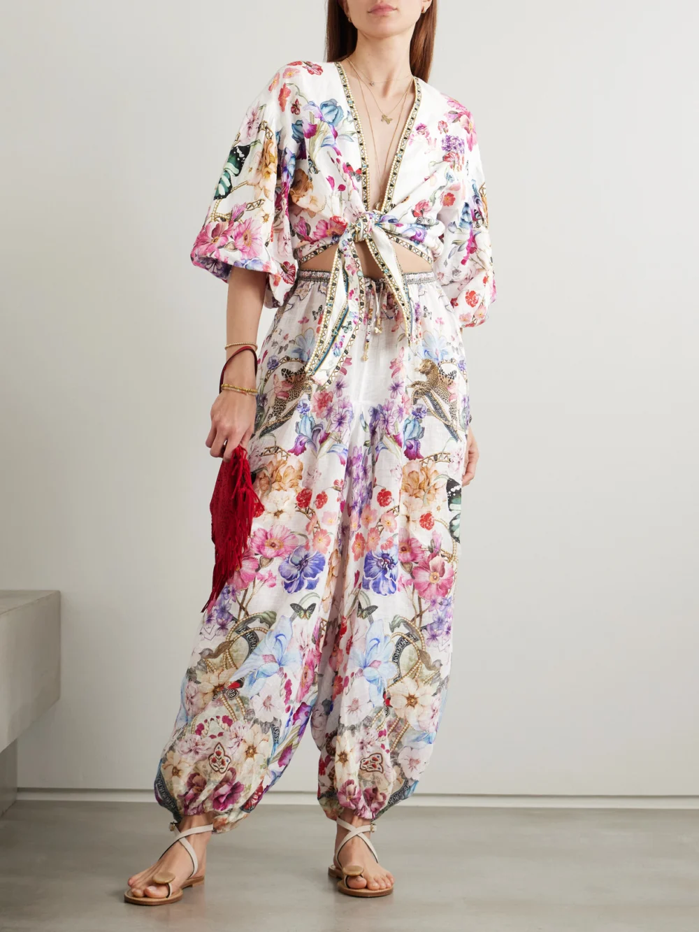 Camilla Monserrate Magic Embellished Printed Linen Tapered Pants, worn by a model