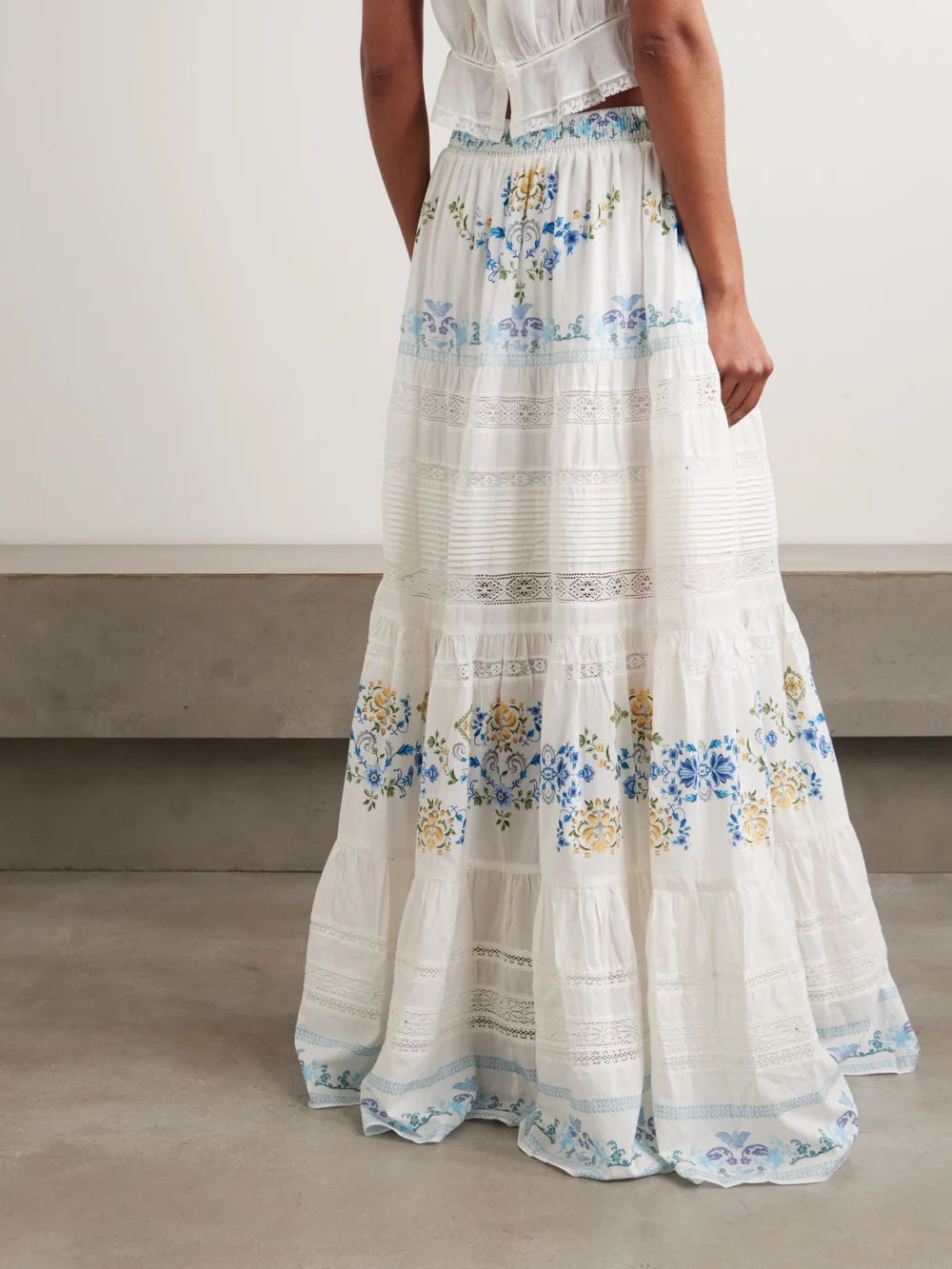 Back view of the Camilla My Homespun Heart Lace-trimmed Embroidered Printed Tiered Cotton and Silk-blend Maxi Skirt