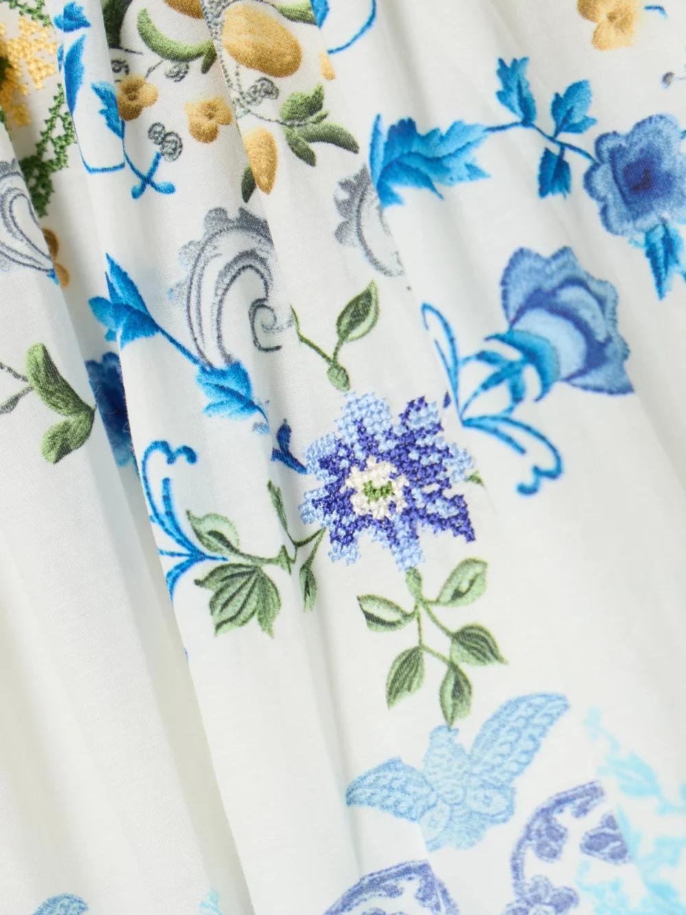 Close-up detail of the Camilla My Homespun Heart Lace-trimmed Embroidered Printed Tiered Cotton and Silk-blend Maxi Skirt