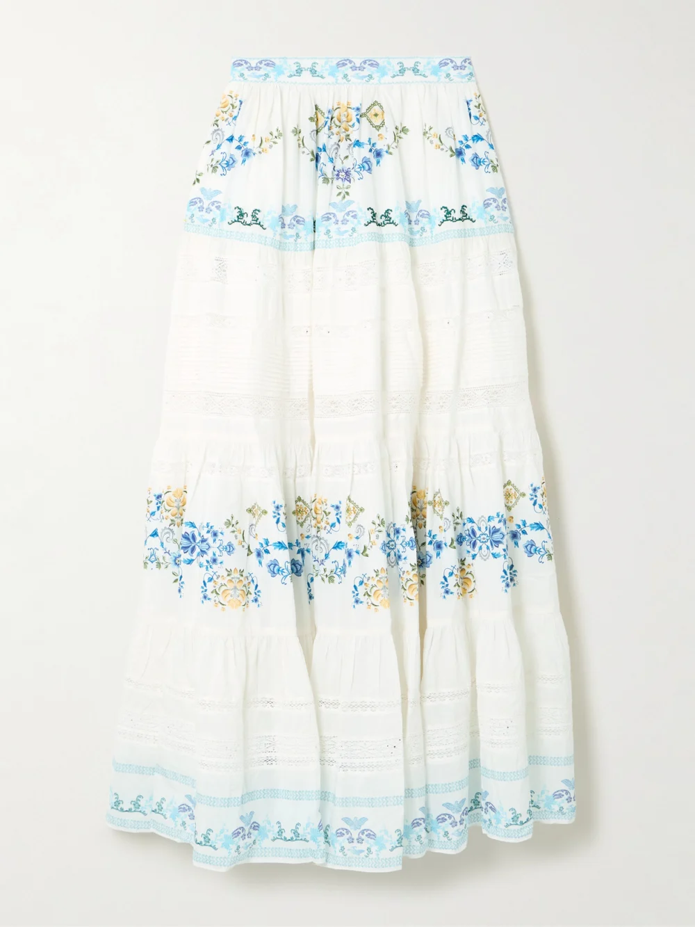 Camilla My Homespun Heart Lace-trimmed Embroidered Printed Tiered Cotton and Silk-blend Maxi Skirt in white