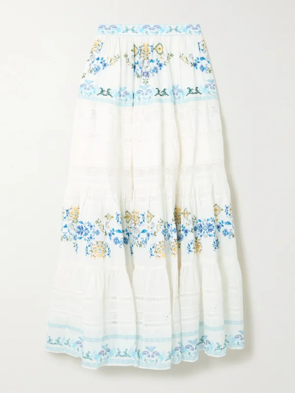 Camilla My Homespun Heart Lace-trimmed Embroidered Printed Tiered Cotton and Silk-blend Maxi Skirt