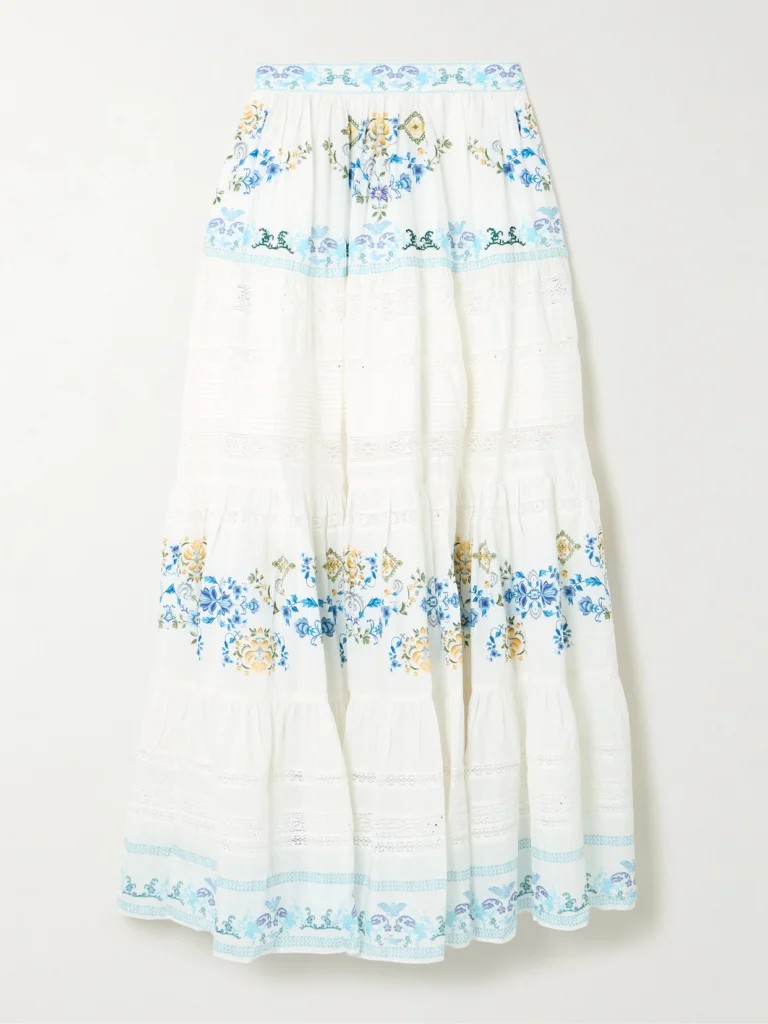 Camilla My Homespun Heart Lace-trimmed Embroidered Printed Tiered Cotton and Silk-blend Maxi Skirt
