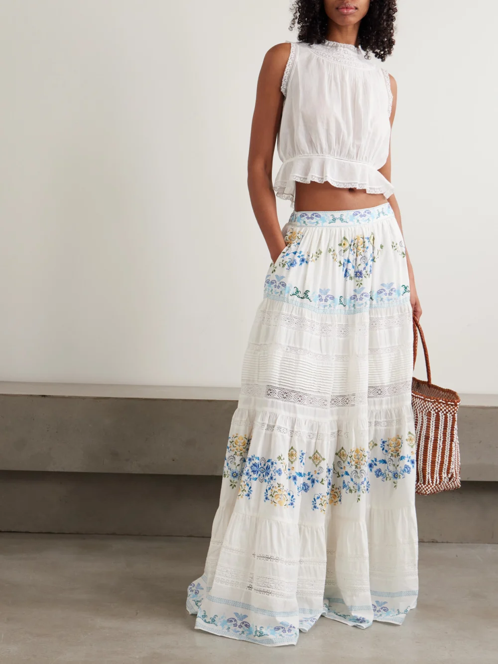 Camilla My Homespun Heart Lace-trimmed Embroidered Printed Tiered Cotton and Silk-blend Maxi Skirt, worn by a model