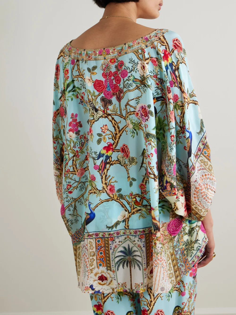 Back view of the Camilla Sultans and Queens Tie-detailed Embellished Printed Silk-crepe Blouse