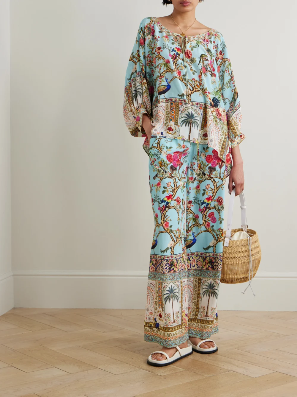 Camilla Sultans and Queens Tie-detailed Embellished Printed Silk-crepe Blouse, worn by a model