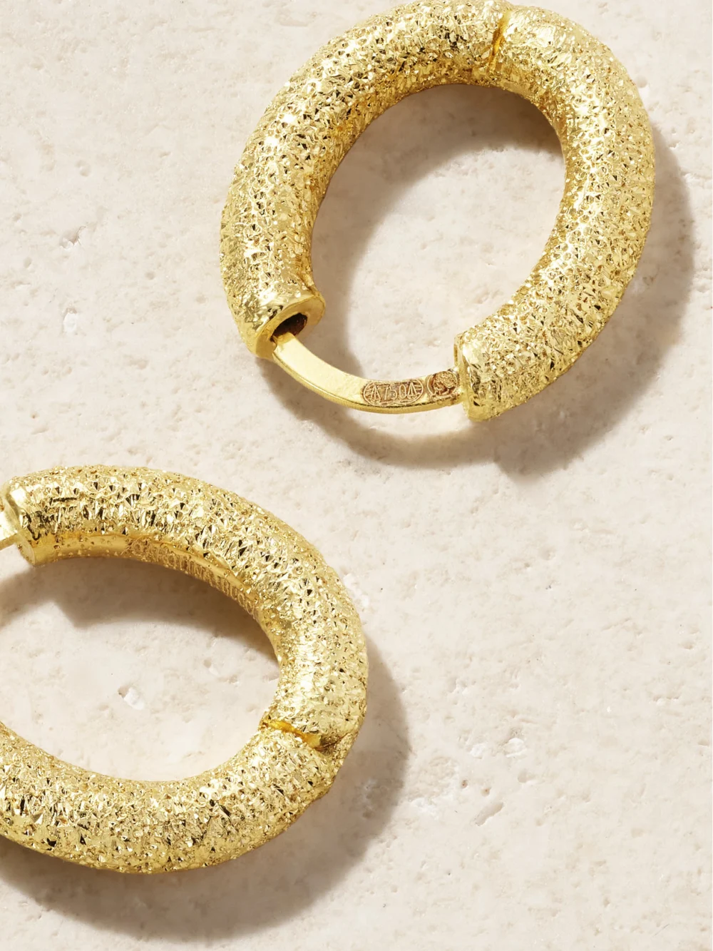 Back view of the Carolina Bucci Florentine Finish 18-karat Gold Hoop Earrings