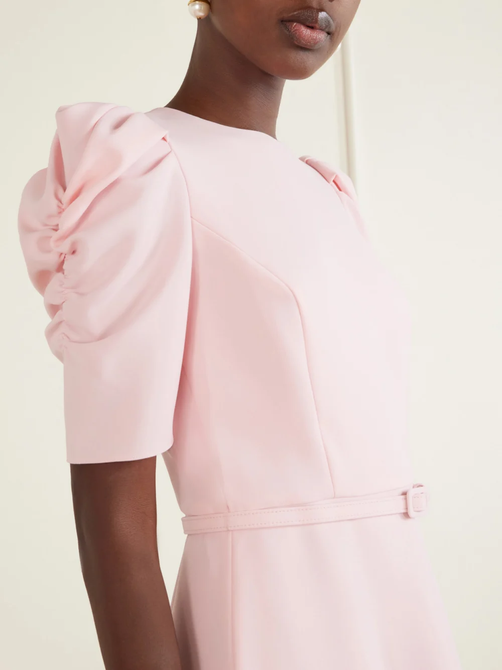 Close-up detail of the Carolina Herrera Belted Crepe Midi Dress