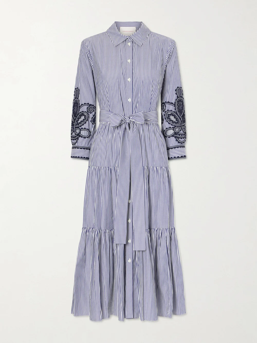 Carolina Herrera Belted Tiered Embroidered Striped Cotton-poplin Midi Dress in blue