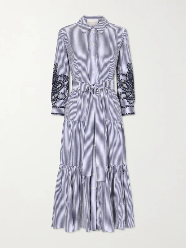 Carolina Herrera Belted Tiered Embroidered Striped Cotton-poplin Midi Dress