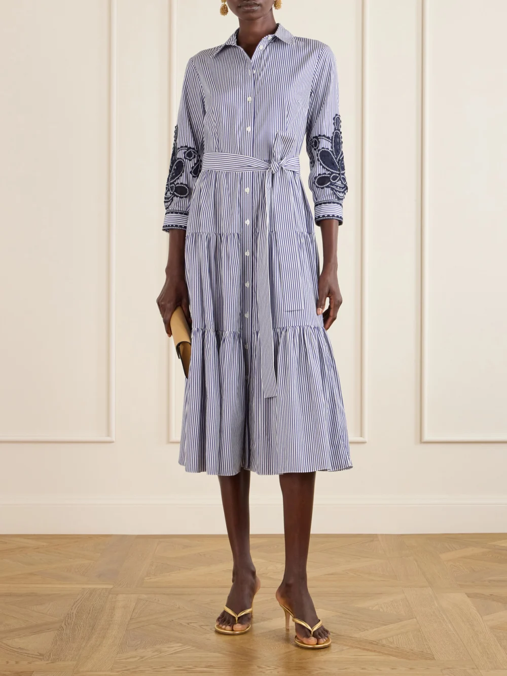 Carolina Herrera Belted Tiered Embroidered Striped Cotton-poplin Midi Dress, worn by a model