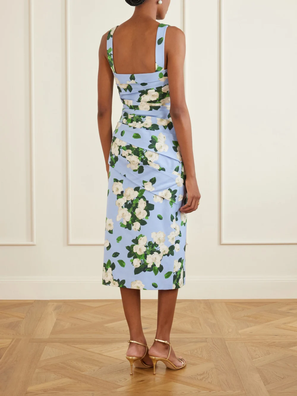 Back view of the Carolina Herrera Floral-print Draped Cotton-blend Faille Midi Dress