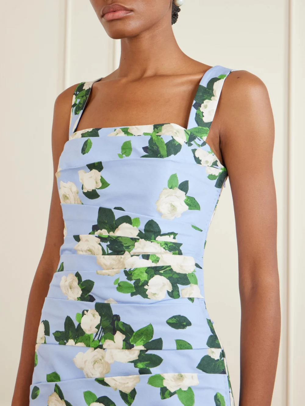 Close-up detail of the Carolina Herrera Floral-print Draped Cotton-blend Faille Midi Dress