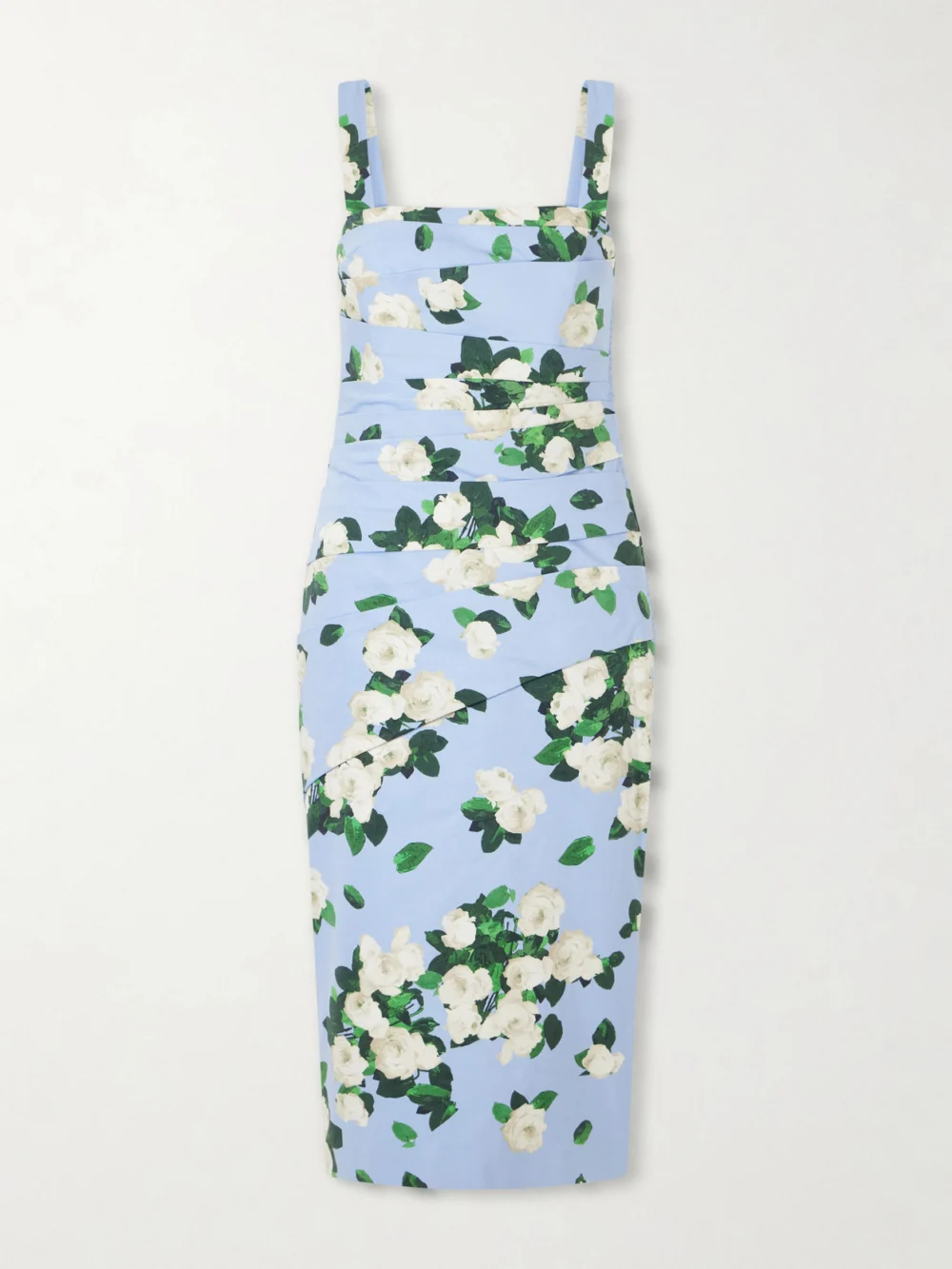 Carolina Herrera Floral-print Draped Cotton-blend Faille Midi Dress in blue