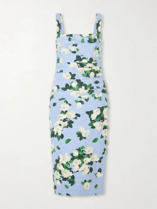 Carolina Herrera Floral-print Draped Cotton-blend Faille Midi Dress