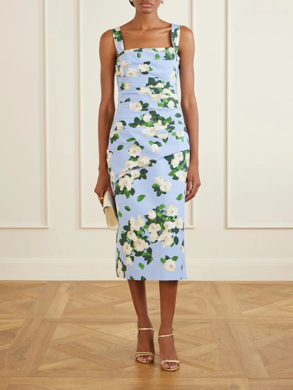 Carolina Herrera Floral-print Draped Cotton-blend Faille Midi Dress, worn by a model