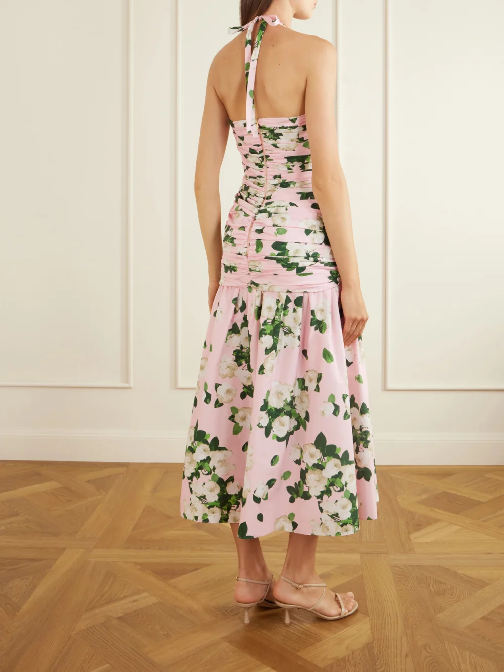 Back view of the Carolina Herrera Floral-print Ruched Cotton-blend Midi Dress