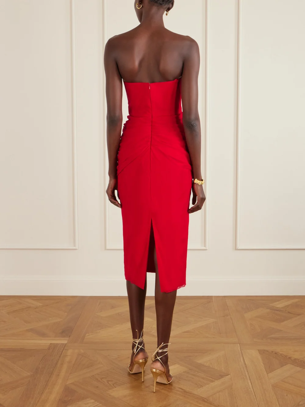 Back view of the Carolina Herrera Strapless Draped Silk-chiffon Midi Dress