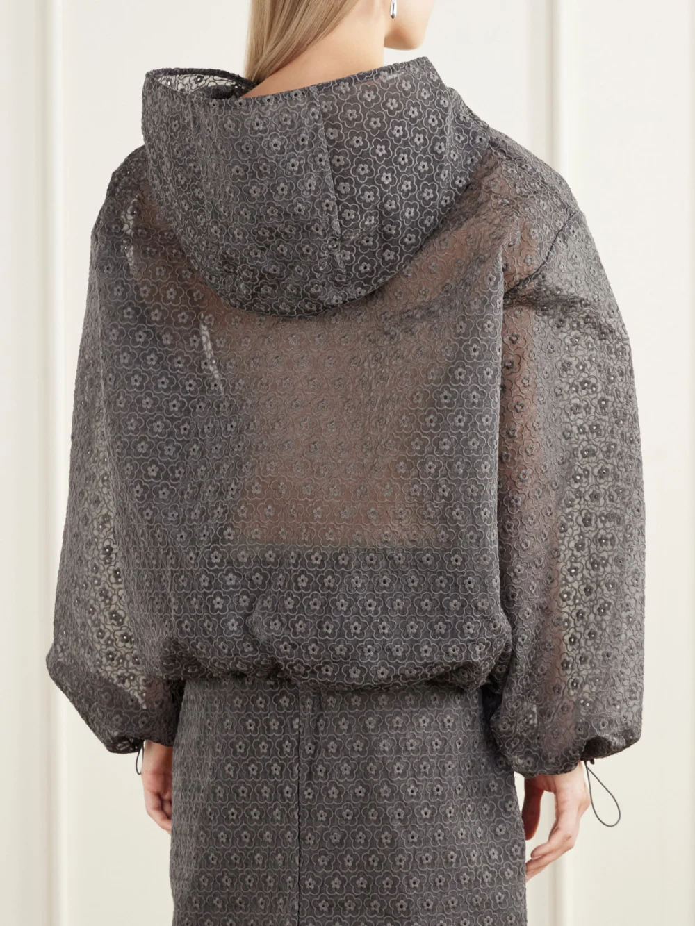 Back view of the Cecilie Bahnsen Shila Hooded Drawstring Cotton-blend Floral-lace Jacket