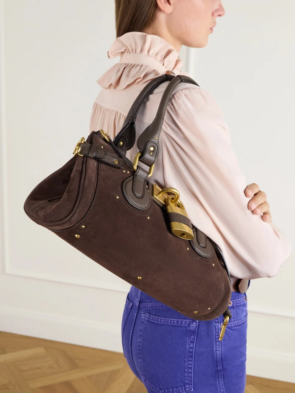 Chloé Paddington Leather-trimmed Suede Shoulder Bag, styled view