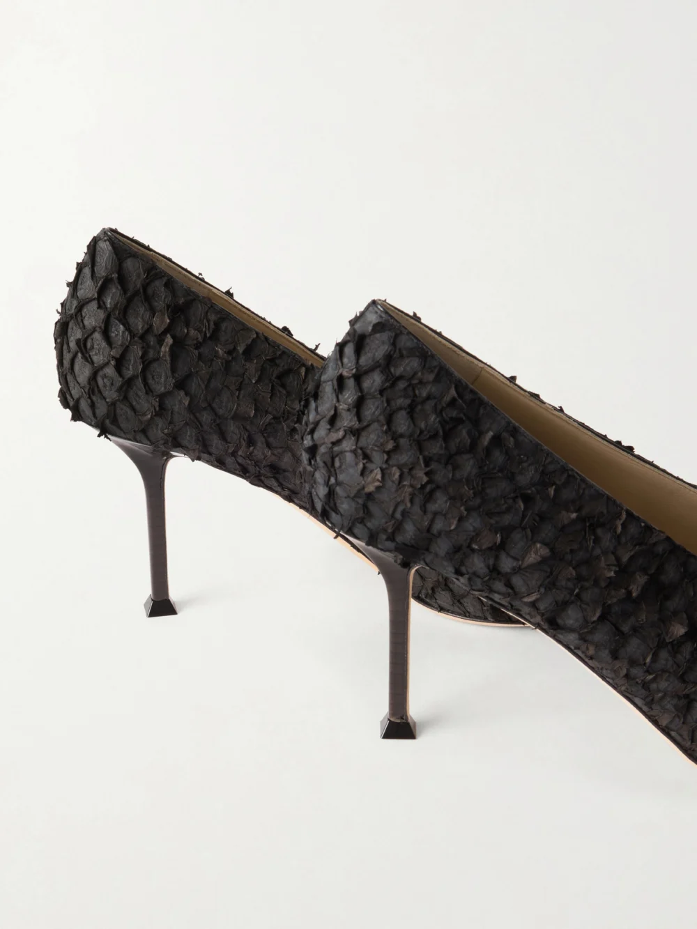 Close-up detail of the Christen Helix 75 Frayed Fish Skin Pumps